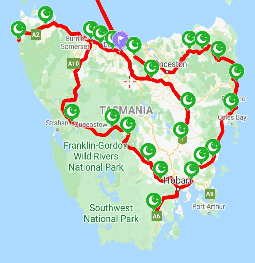 Free camps in Tasmania map