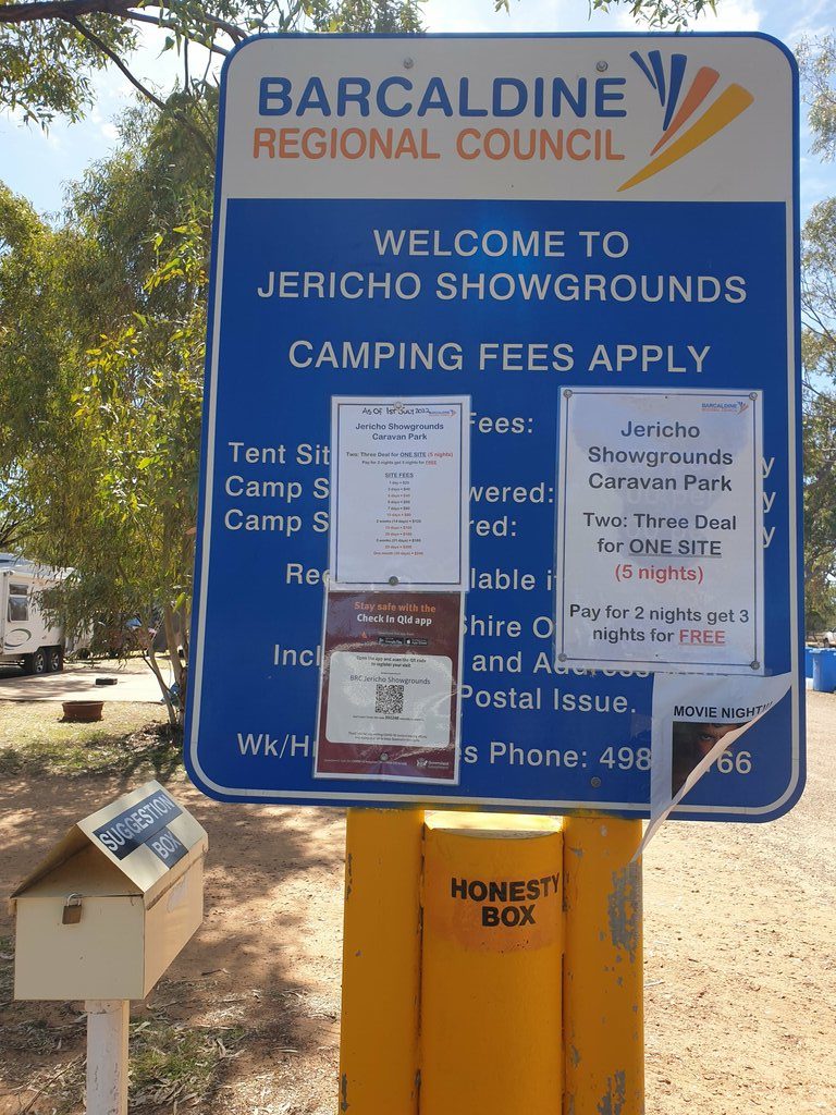 Camping Fee poster and money box at Jericho Showground Queensland caravan sites full time 