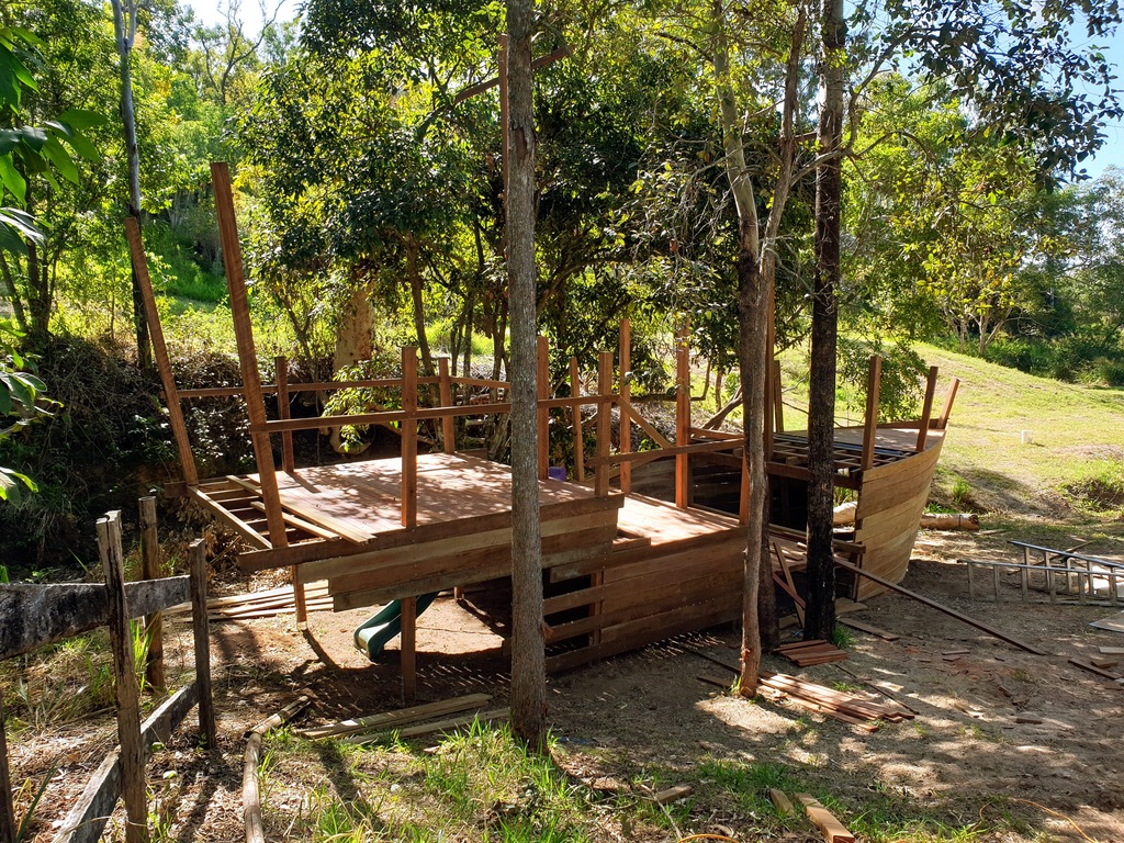 Pirate ship and slide at Mushroom Valley Eco Camp Qld