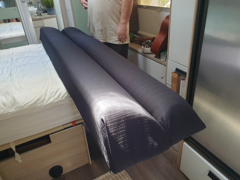 Upholstering our caravan lounge. Club lounge cushion corners stapling fabric on. full time caravanning