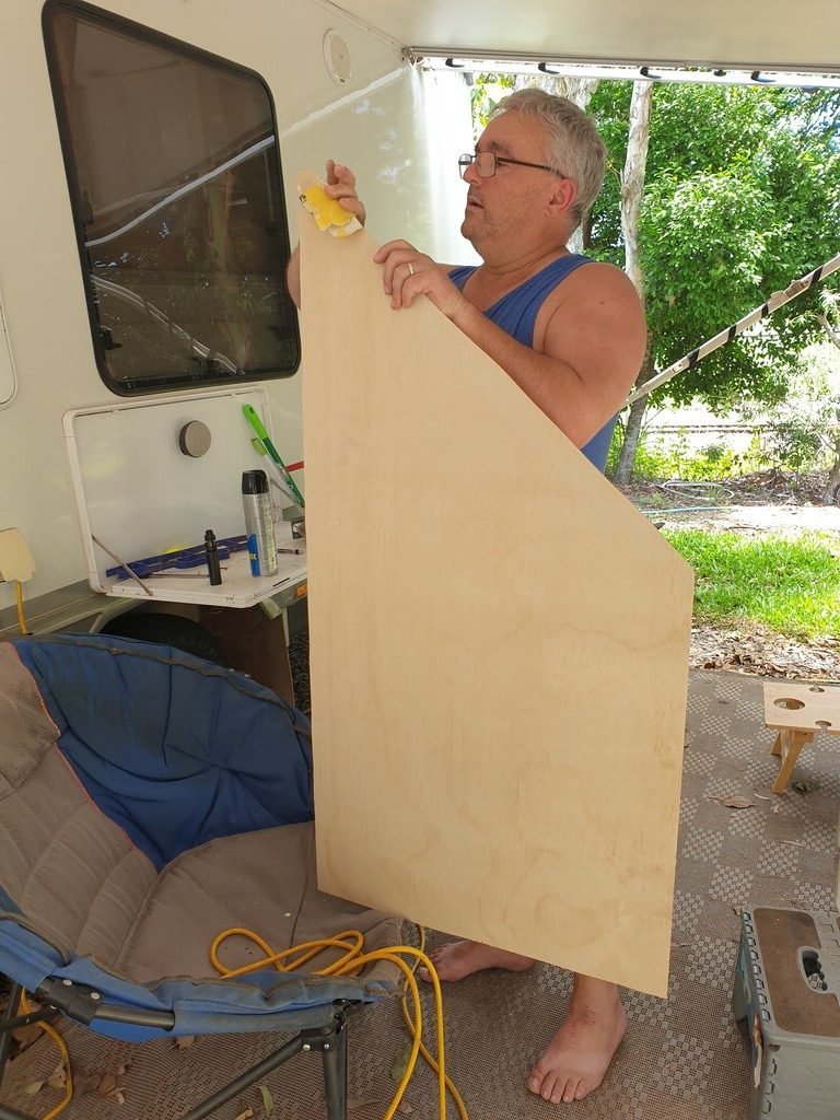 Upholstering our caravan lounge. sanding wood to staple fabric to 