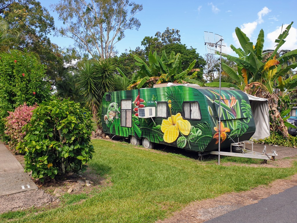 Tropicana Caravan Park Sarina Qld art painted on on-site vans