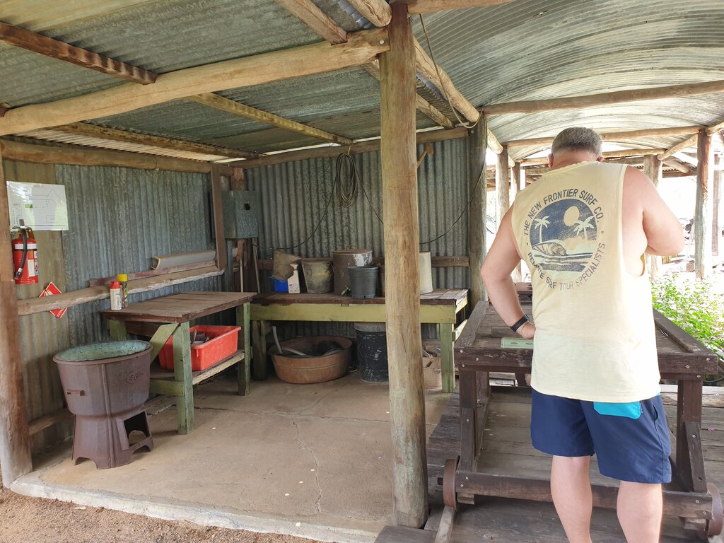 Historical Boondooma Homestead Qld kitchen trolley ran on wooden rails along a covered area to the dining room