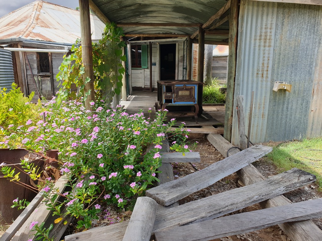 Historical Boondooma Homestead Qld kitchen trolley ran on wooden rails along a covered area to the dining room