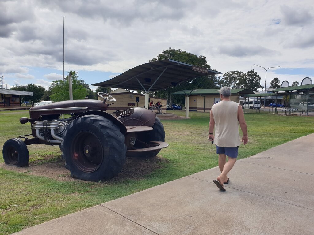 Old Machinery and stage at Coronation park by Wondai free camp and market Qld 