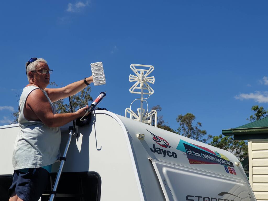 Siliconed Starlink RV internet Roof mount on top of caravan Full Time Caravanning Australia satellite
