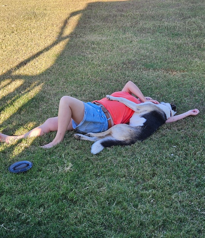 lady and dog laying on grass 3 month farm sit around Australia Aussie house sitters