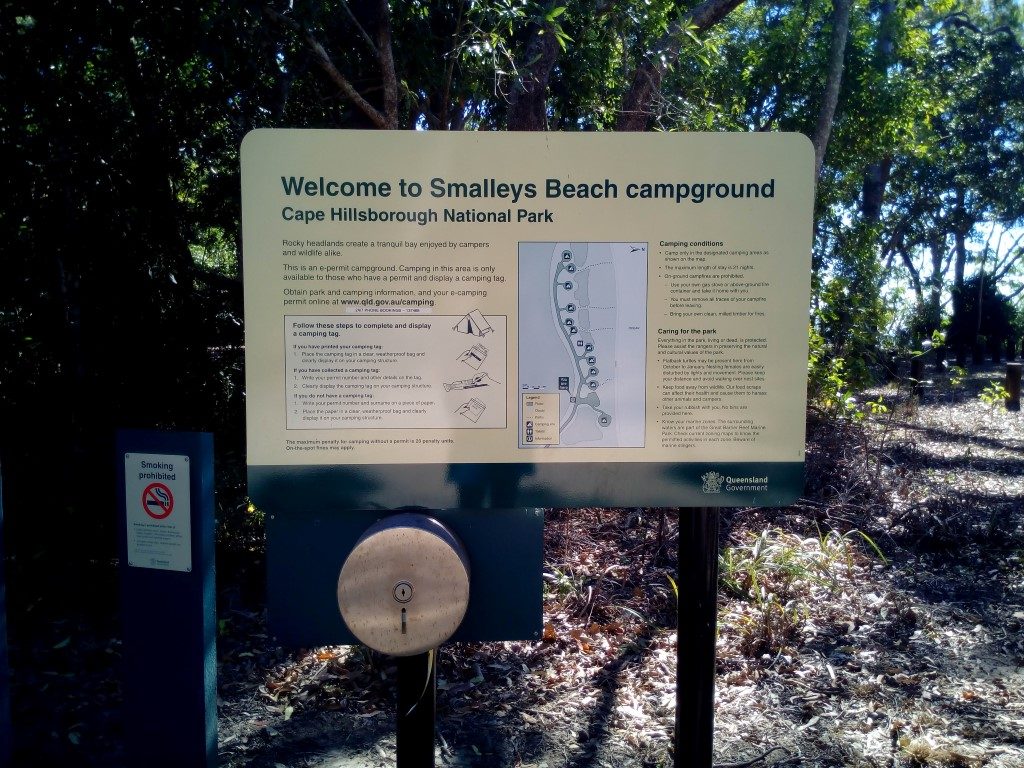 Smalleys Beach Camp Cape Hillsborough Queensland sign