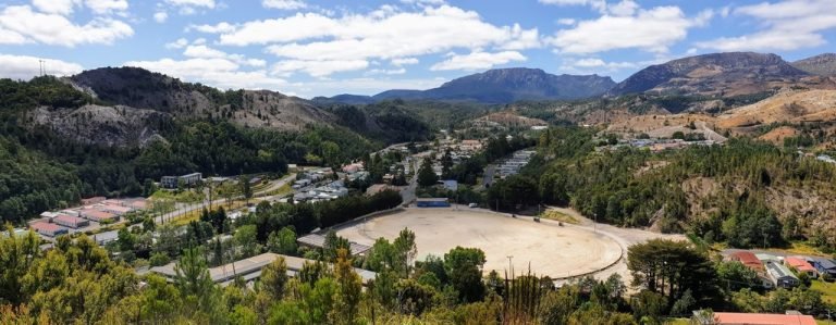 Water Hill Tower Lookout Queenstown Tasmania view of Queenstown Football Ground