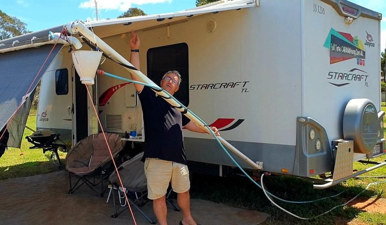 full time caravanning rainwater catchment system caravan awning