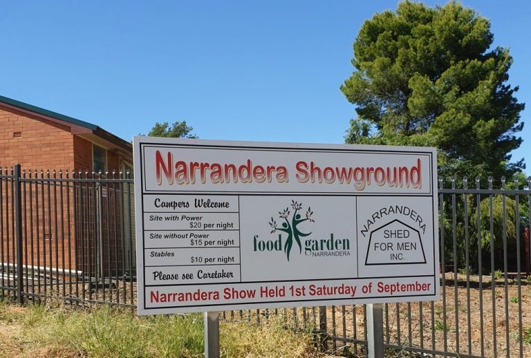 Narrandera showground NSW sign on entry with cost of camping