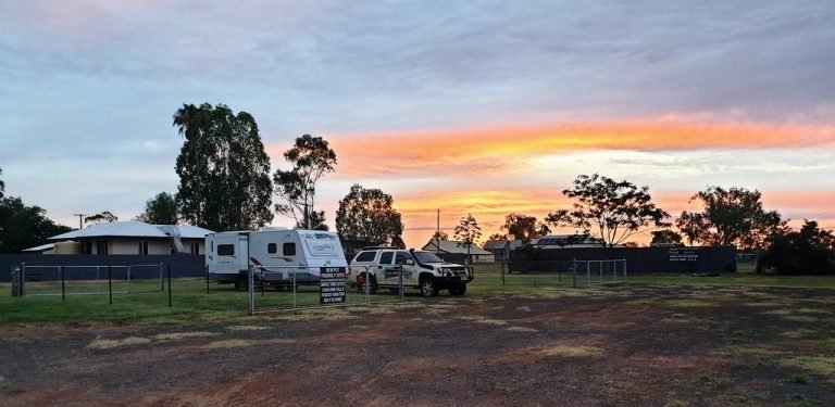 Wyandra post office store camp caravan park Queensland at sunset with carava