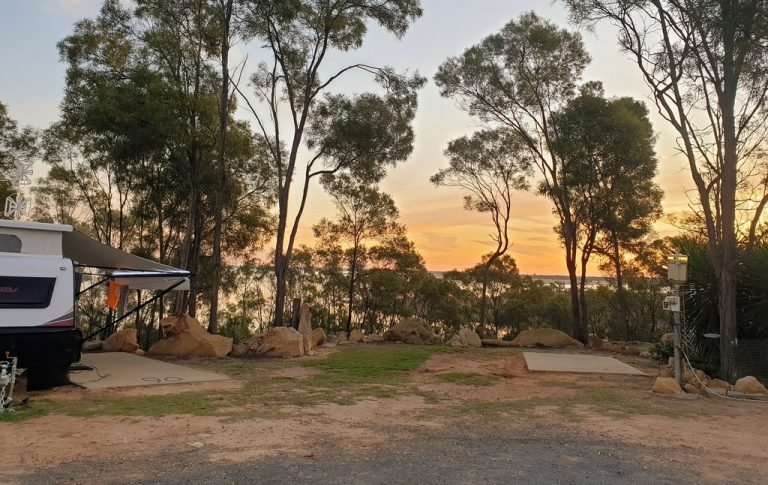 Stunning sunset view of Lake Maraboo from caravan site at the Big 4 Lake Maraboo caravan park Emerald Qld