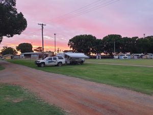 sunset and Caravan camping at Kingaroy Showground Qld